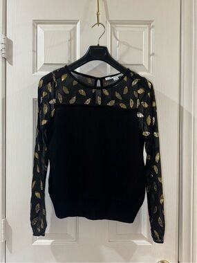 Diane von Furstenberg Black Top with Gold Metallic Leaf Accents